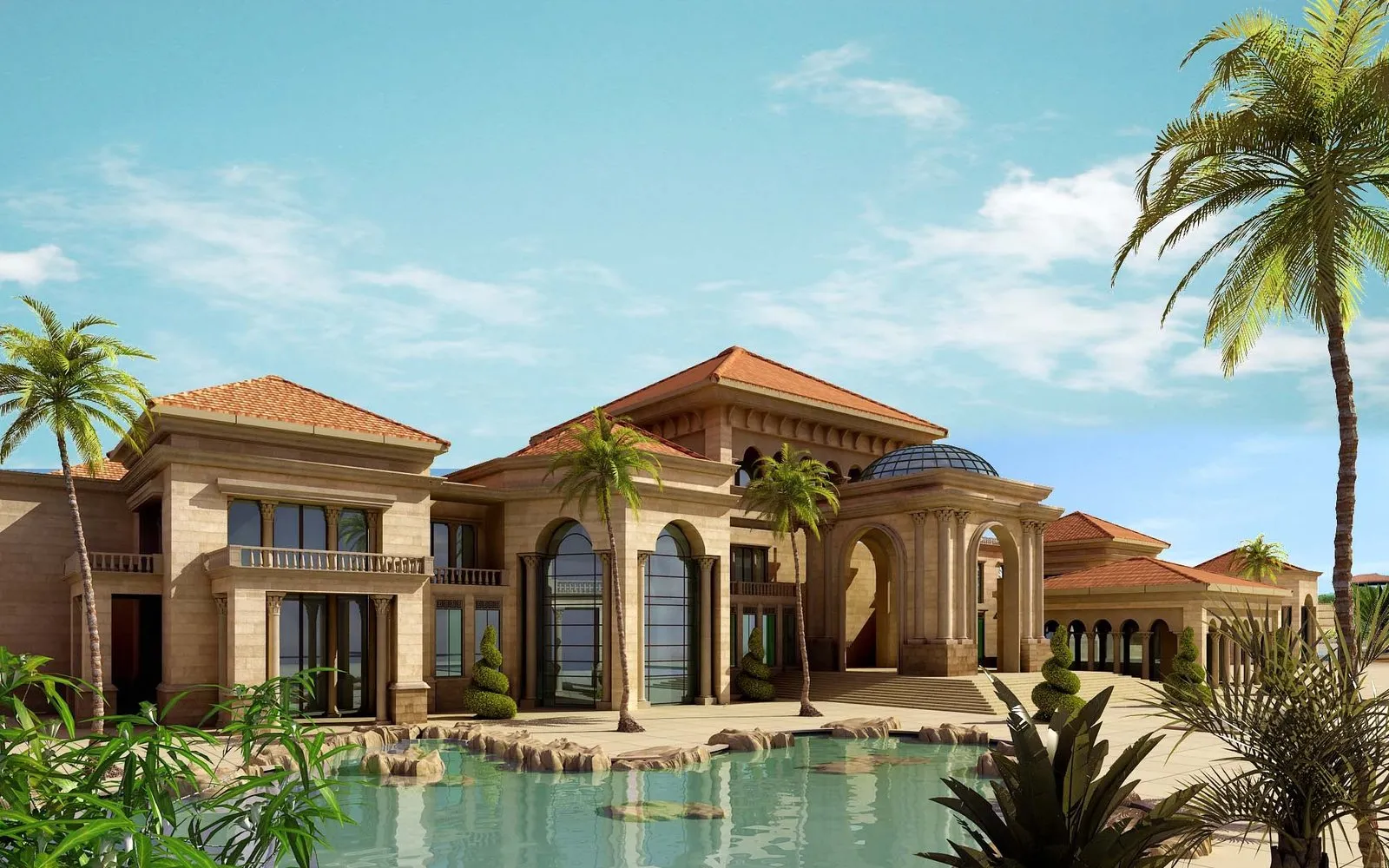 Visualization of a stone residence in Riyadh — tiled roofs, a colonnaded entrance portico with a glazed dome, and a rock-edged pool
