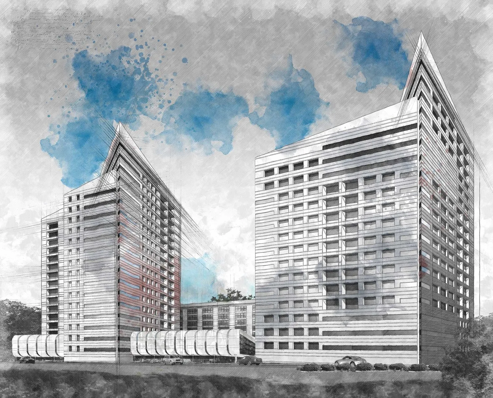 Architectural perspective drawing of two faceted hotel and office towers in Moscow, rendered in pencil and watercolour wash
