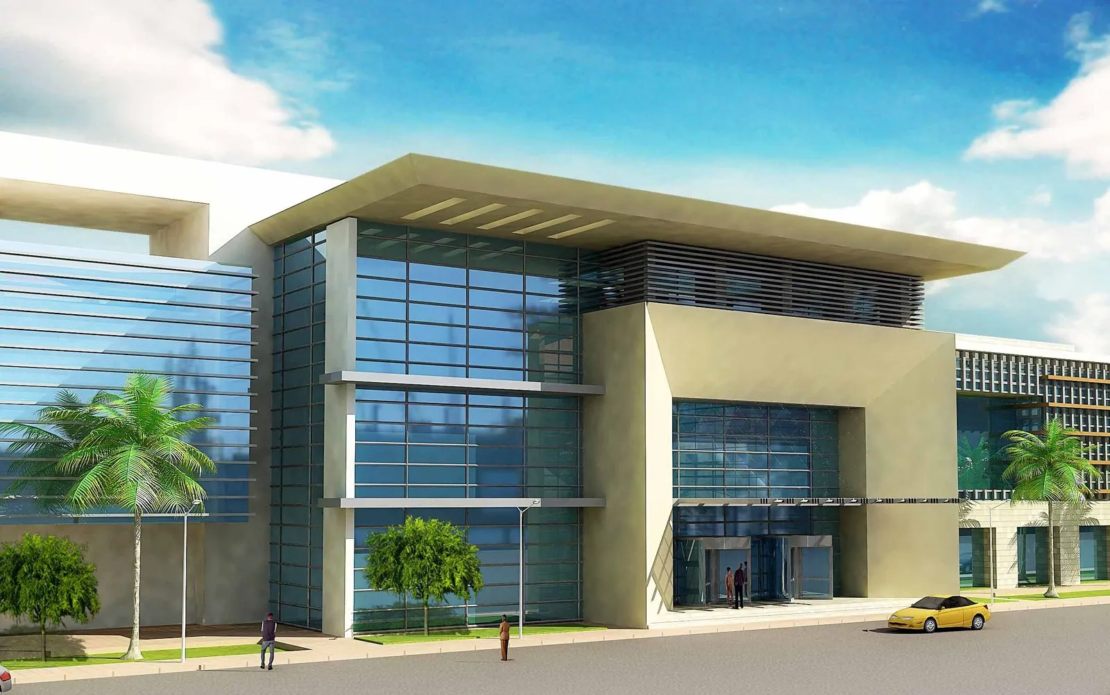 Visualization of a glazed hospital elevation in Doha with a deep projecting canopy and horizontal louvres